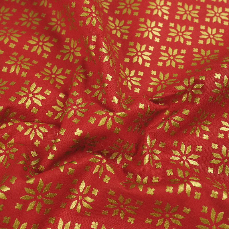 Tissu Noël Rouge Treillis Etoile Or - 10 cm