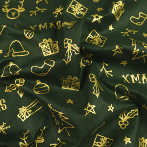 Tissu Noël Vert Xmas Doré Cadeaux - 10 cm