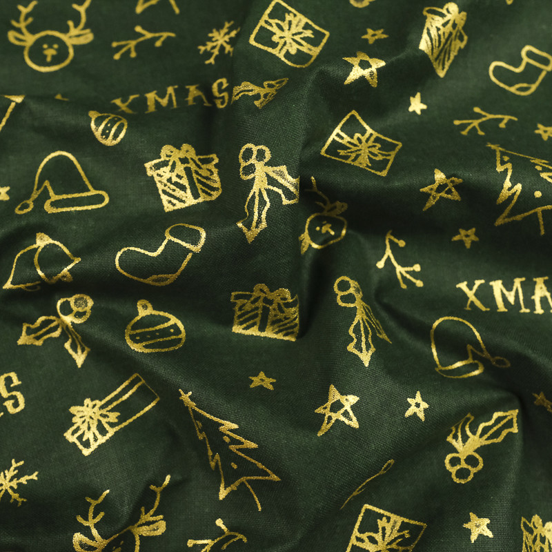 Tissu Noël Vert Xmas Doré Cadeaux - 10 cm
