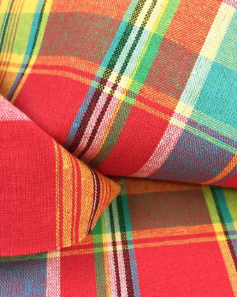 Tissu madras rouge jaune bleu x10cm