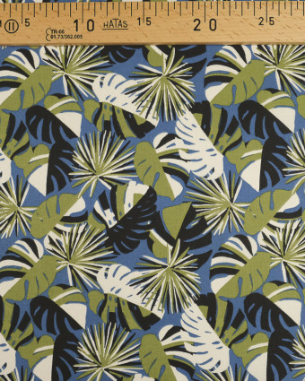 Tissu au mètre : Coton imprimé tropique vert bleu - Mercerine