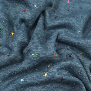 Tissu Sweat Envers Doudou étoile coloré sur fond bleu pétrole -10cm