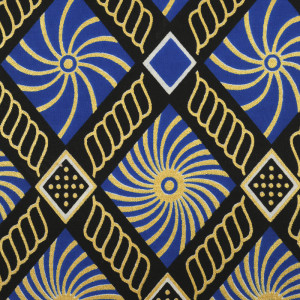 Tissu wax lurex motif losange bleu jaune sur fond noir