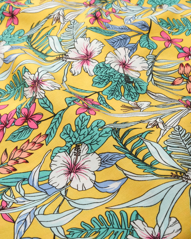 Tissu Lin-viscose Jaune Motif Ethnique - Coupon 135x200 Cm - Pour Couture Et Déco