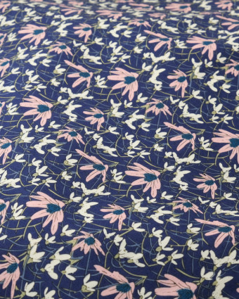 Tissu fleuri : Coton imprimé bleu Chloe - Mercerine