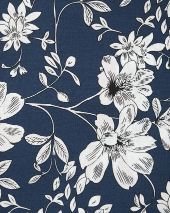 Tissu Coton motif fleuri large blanc sur fond bleu marine Lucie - Mercerine