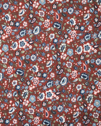 Tissu coton motif fleuri fond bordeaux - Mercerine