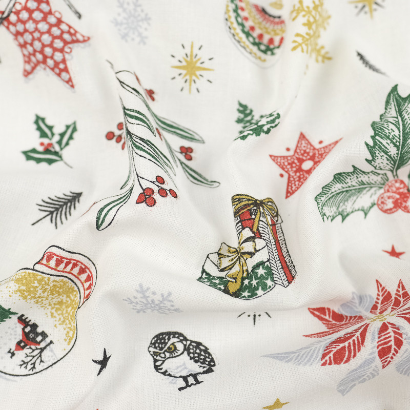 Tissu Noël boule à neige et oiseaux Oeko-tex - 10cm