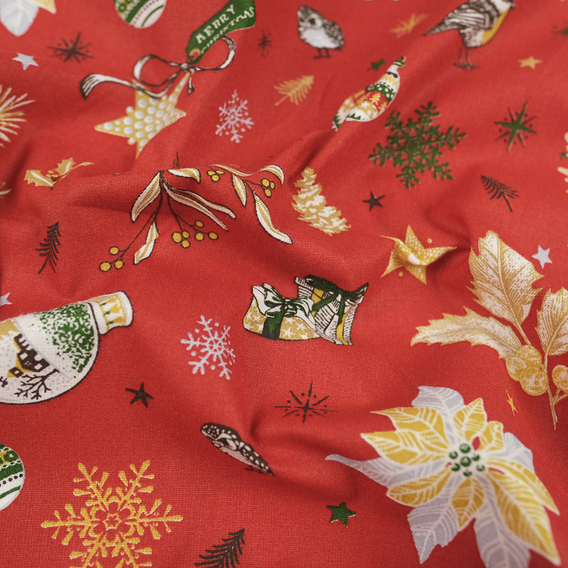 Tissu Noël boule à neige et oiseaux rouge Oeko-tex - 10cm