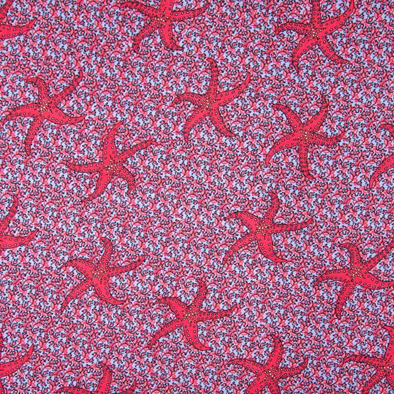  Viscose imprimée étoiles de mer corail et bleu-10cm -  Mercerine