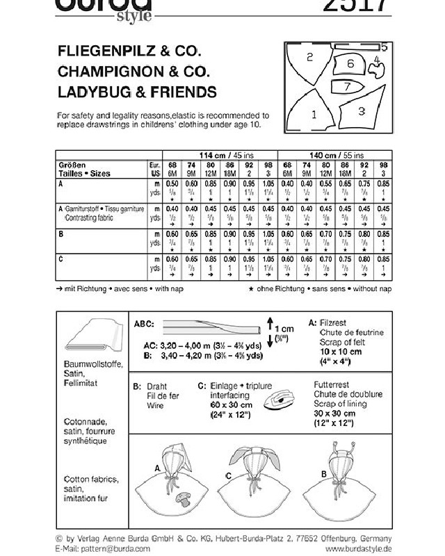 Patron Déguisement lapin, coccinelle et champignon : Burda 2517 - Mercerine