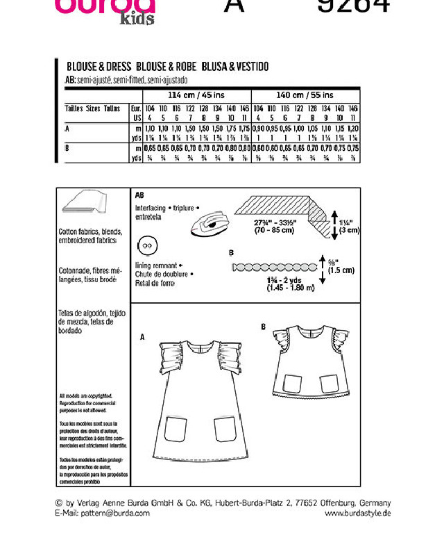 Patron de couture enfant Robe / blouse : Burda 9264 - Mercerine