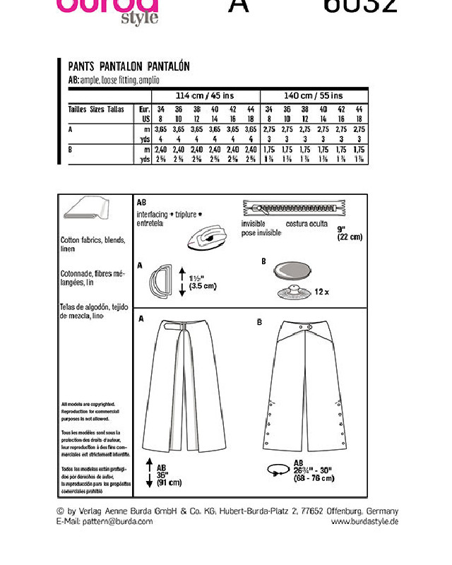 Patron de couture Pantalon : Burda 6032 - Mercerine