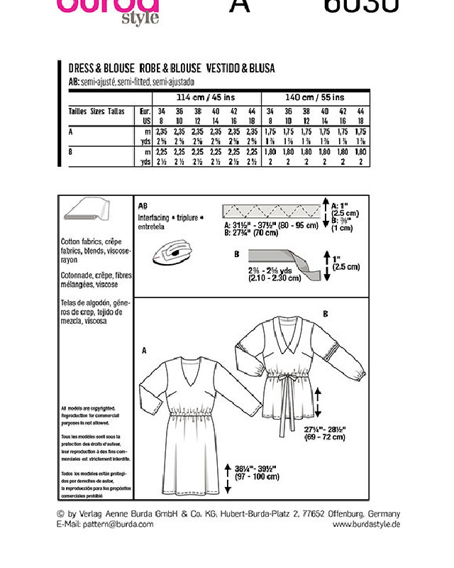 Patron de couture femme Robe / blouse  : Burda 6030 - Mercerine
