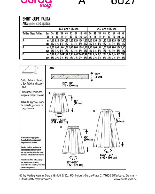 Patron de couture Jupe : Burda 6027 - Mercerine