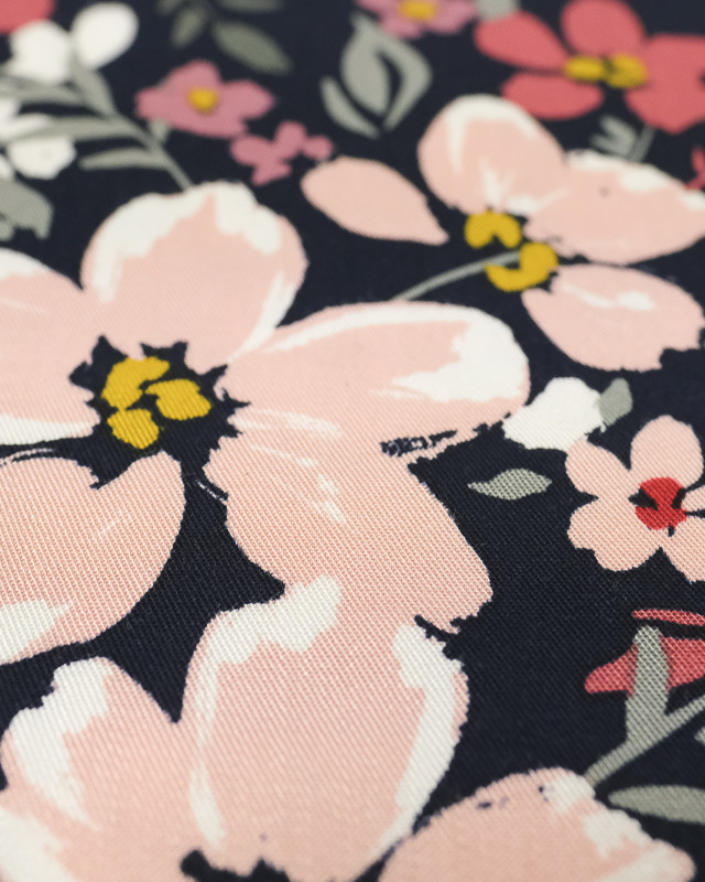 Tissu viscose fleur de Printemps marine - Mercerine