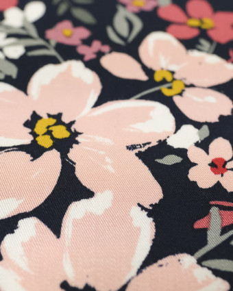 Tissu viscose fleur de Printemps marine - Mercerine