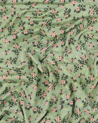Tissu Jersey coton oeko tex fleuri rose fond vert amande Poppy - Mercerine