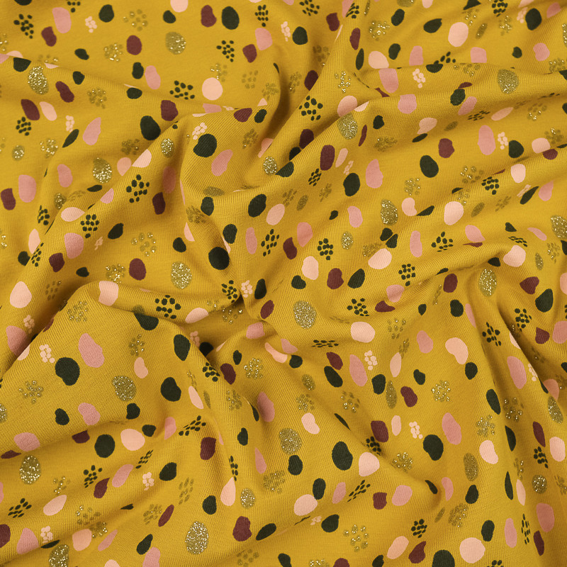 Jersey coton moutarde prune Glitter dots by Poppy - 10cm