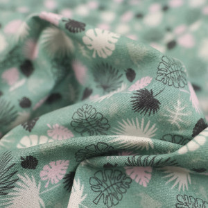 Coton imprimé feuilles tropicales fond vert menthe - 10cm