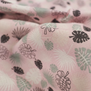 Coton imprimé feuilles tropicales fond rose - 10cm