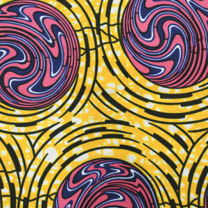 Tissu africain motif graphique cercle rose fond jaune