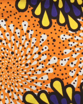 Tissu africain motif fleur graphique violet jaune fond orange