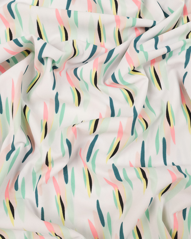 Lycra imprimé  traits vert jaune rose fond blanc - Mercerine