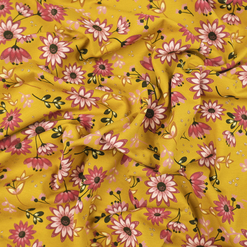 Jersey coton imprimé fleur rose glitter fond moutarde OekoTex - 10cm
