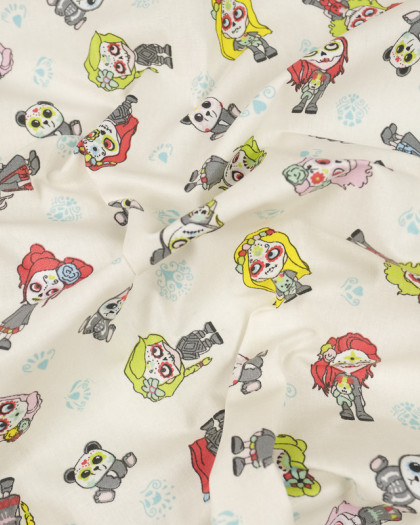 Tissu en coton enduit imprimé sugar skull ivoire