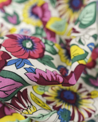 Tissu imprimé rayonne fleuri Salomé blanc multicolore - Mercerine