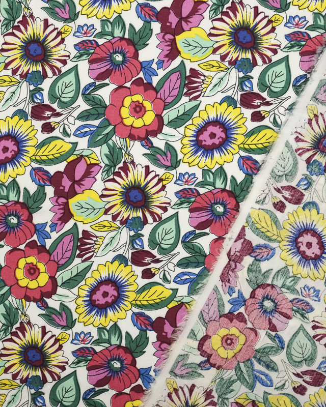 Tissu imprimé rayonne fleuri Salomé blanc multicolore - Mercerine