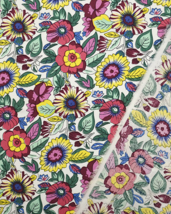 Tissu imprimé rayonne fleuri Salomé blanc multicolore - Mercerine