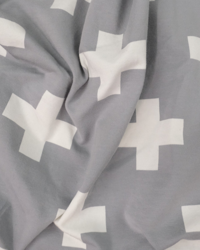 Jersey coton motif croix écru fond gris