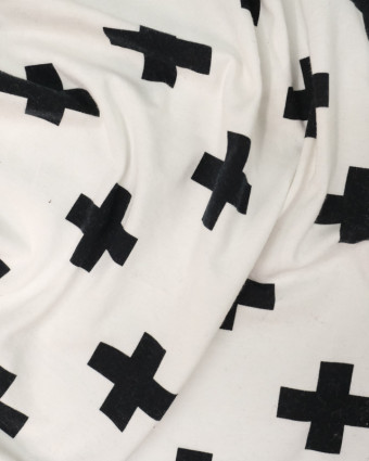 Jersey coton motif croix noir fond écru