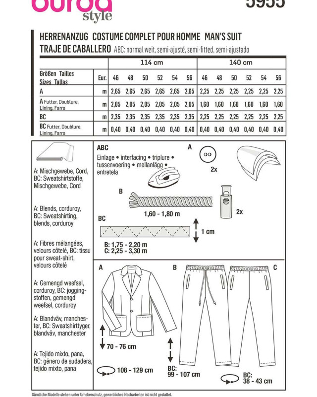 Patron costume homme - Burda 5955 - Mercerine