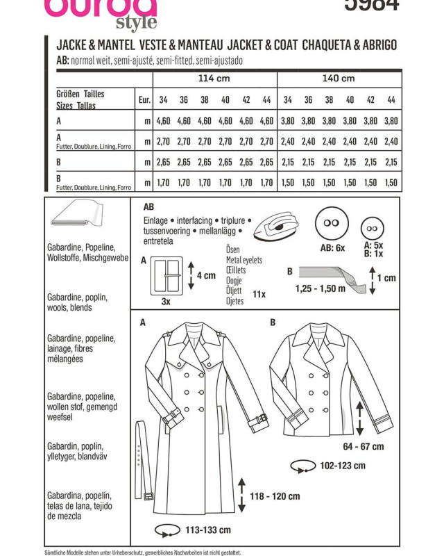 Patron Manteau Veste trench - Burda 5984 - Mercerine