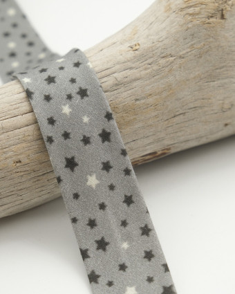 Biais 100% coton étoiles gris 25mm - Mercerine