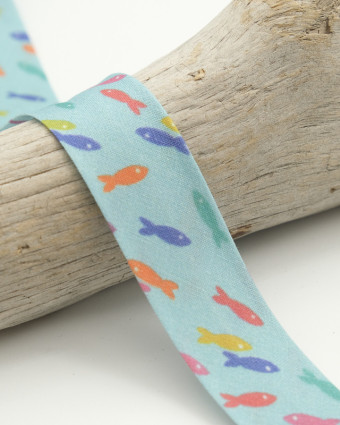 Biais poissons multicolore fond bleu 25mm - Mercerine