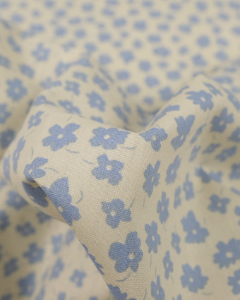 Coton imprimé fleur bleu ciel fond crème - Mercerine