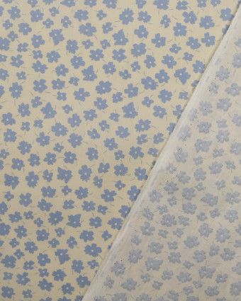 Coton imprimé fleur bleu ciel fond crème - Mercerine