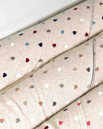 Tissu effet lin imprimé petit cœur : 3 coloris