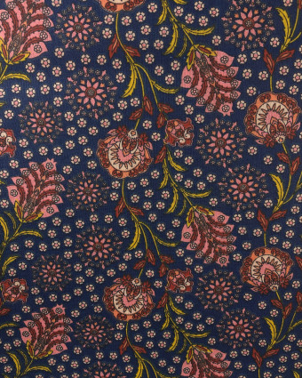 Coton imprimé Fleurs Indien Oekotex : Indigo ou Marine - Mercerine