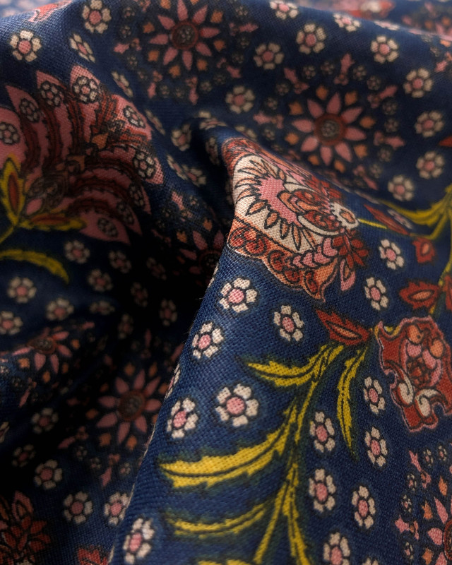 Coton imprimé Fleurs Indien Oekotex : Indigo ou Marine - Mercerine