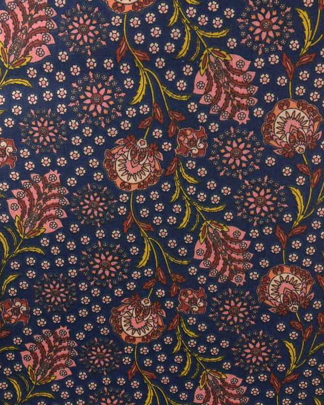 Coton imprimé Fleurs Indien Oekotex : Indigo ou Marine - Mercerine