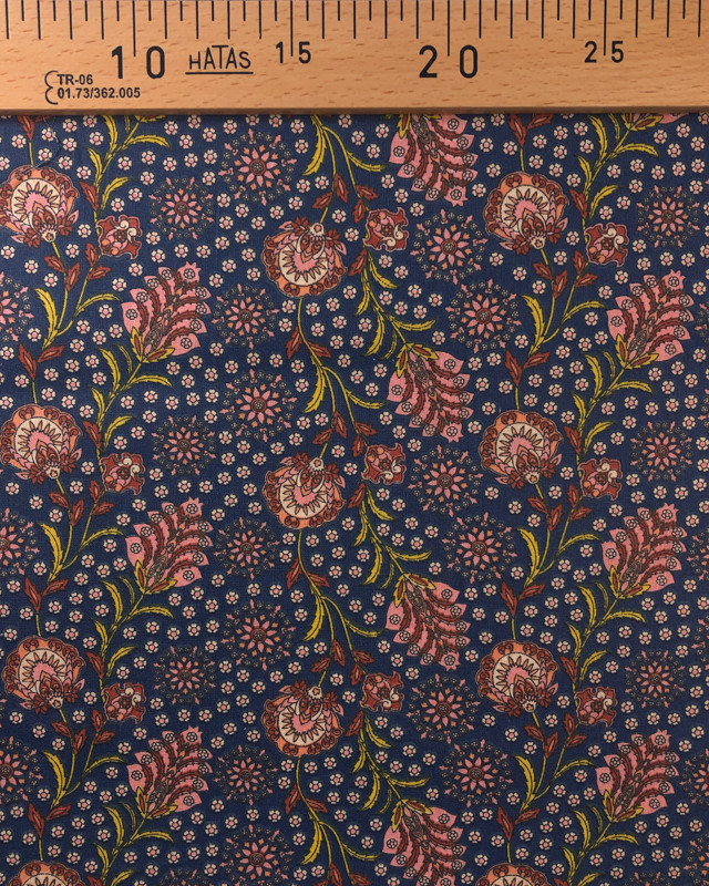 Coton imprimé Fleurs Indien Oekotex : Indigo ou Marine - Mercerine