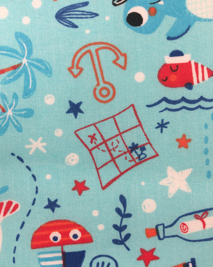 Coton imprimé Pirates Oekotex : Bleu vert ou Bleu ciel - Mercerine
