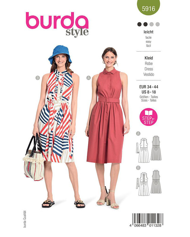 Patron De Couture Burda 5805 - Robes D'été Faciles à Coudre (niveau 1) - Tailles 34 à 48 - Avec Modèles Jersey, Volants, Imprimé Tigre