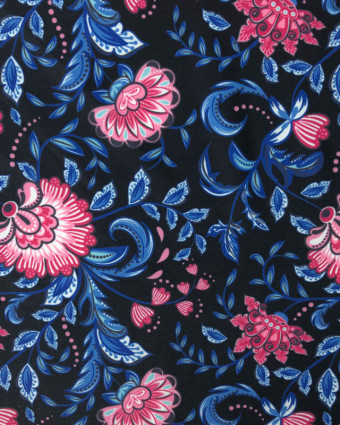 Tissu lycra maillot fleur arabesque Rose et Bleu Fond Noir - Mercerine