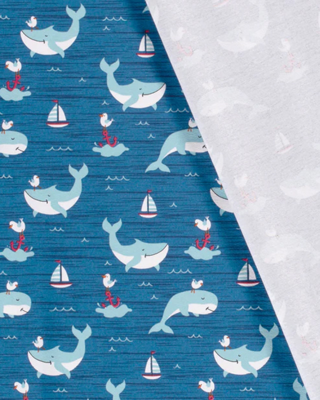 Jersey Coton Imprimé Baleine Oeko-Tex : Bleu Mer Ou Gris - Mercerine